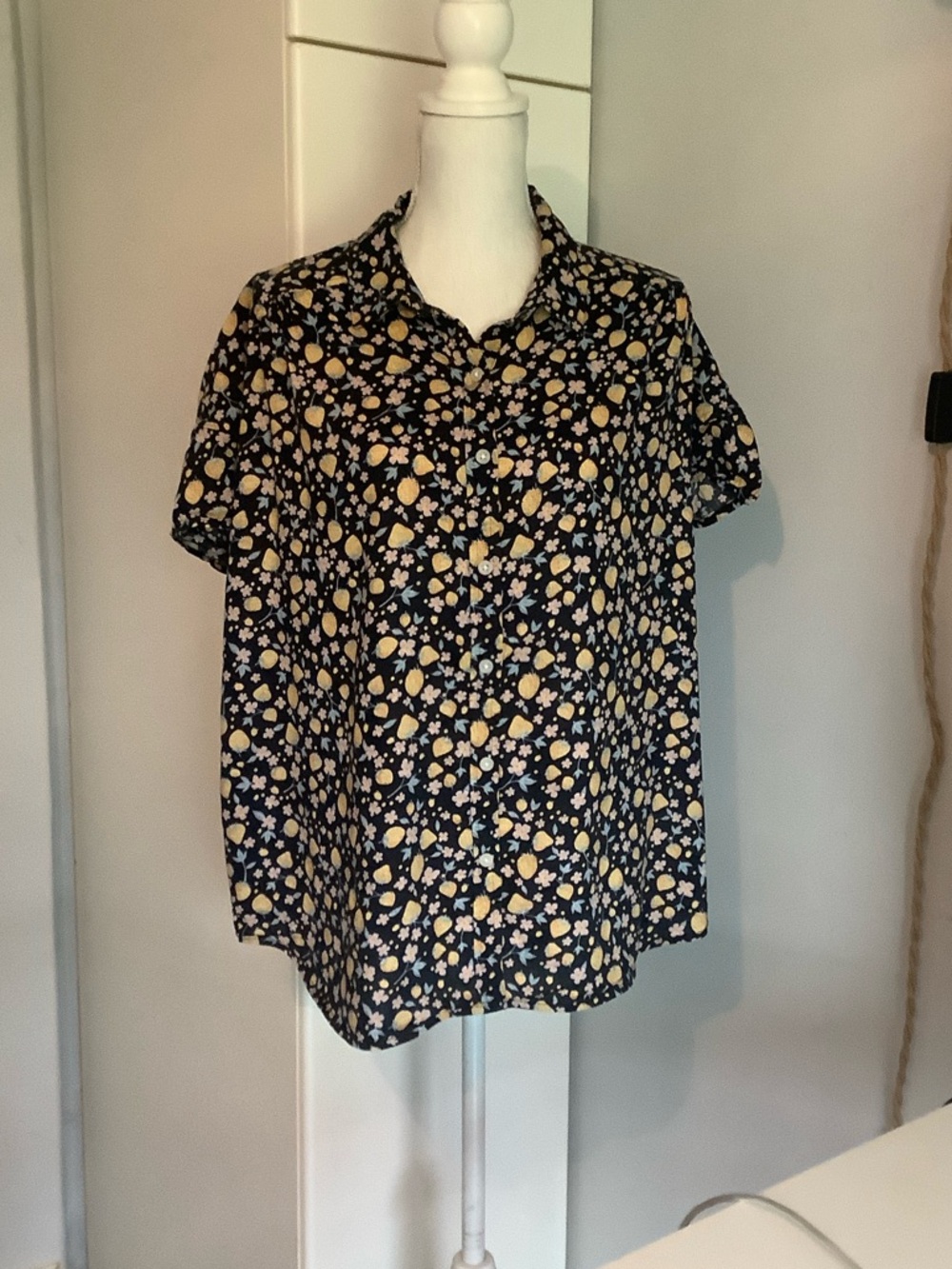 SO Black Short-Sleeve Blouse with Yellow Floral Print